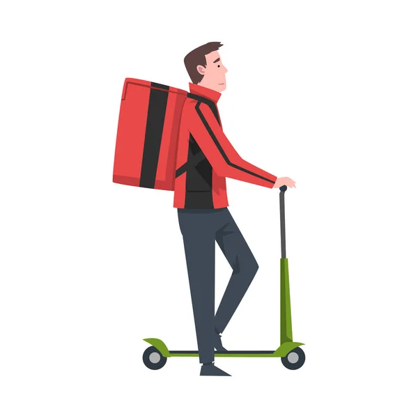 Man Kurir Ridning Spark Scooter med Red Parcel Box på ryggen, Leverans Food Service, Snabb frakt tecknad vektor Illustration — Stock vektor