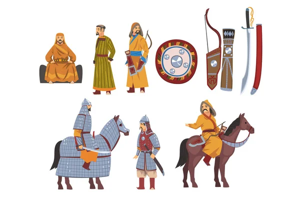 Mongolscy Wojownicy Nomadów w tradycyjnej odzieży z kolekcją broni, ilustracja wektora znaków Azji Środkowej — Wektor stockowy