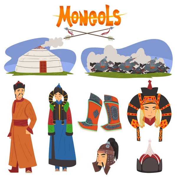 Mongol People in Traditional Clothing Collection, Central Asian Characters, Dwelling, Nomad, Asian Warriors Vector Illustration — Stock Vector