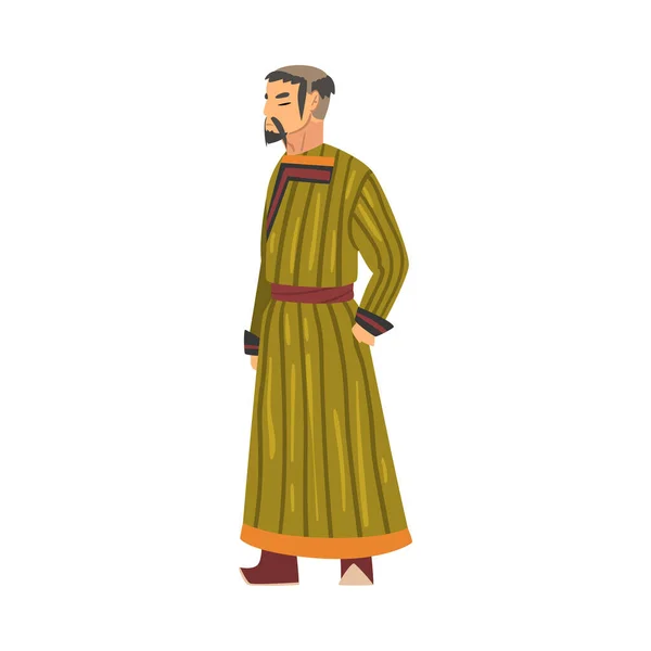 Монгольский человек, центральноазиатский персонаж в традиционной векторной иллюстрации одежды — стоковый вектор