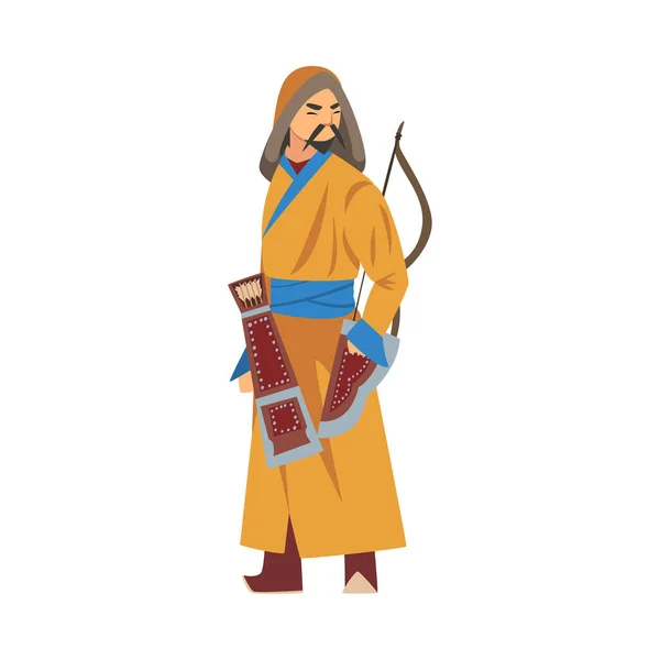 Guerrero o cazador mongol, personaje de Asia Central en ropa tradicional con arco Vector Ilustración — Vector de stock