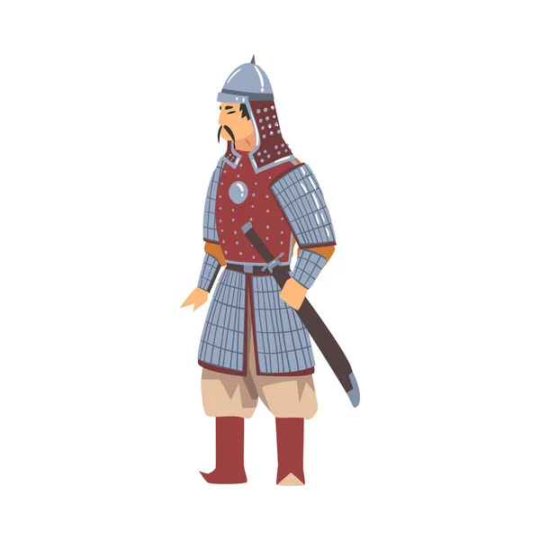 Mongol Nomad Warrior, Centralasiatiska tecken i full rustning med svärd vektor Illustration — Stock vektor