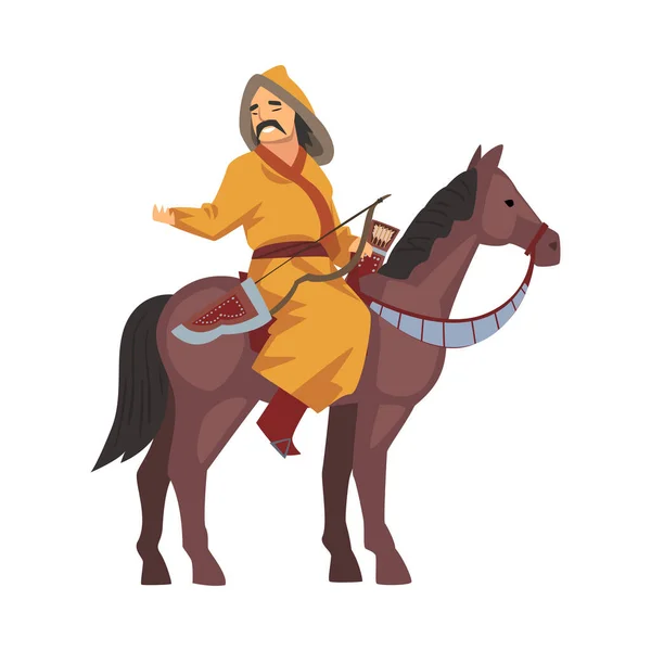 Mongoolse Nomade Krijger Paardrijden, Centraal-Aziatische Karakter in traditionele kleding Vector Illustratie — Stockvector