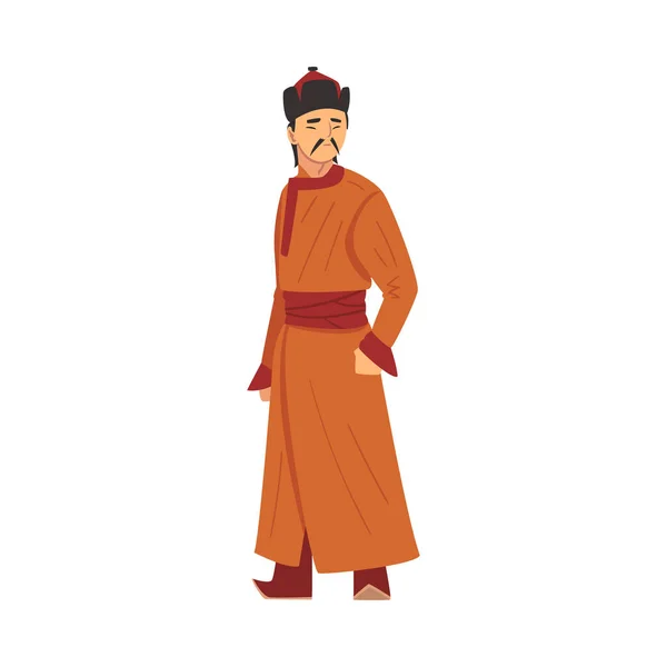 Nomad Mongol Man, Central Asian Character in Traditional Clothing Vector Illustration — Stock Vector