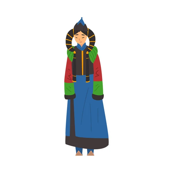 Hermosa mujer mongola nómada, personaje de Asia Central en ropa tradicional y casco Vector Ilustración — Vector de stock