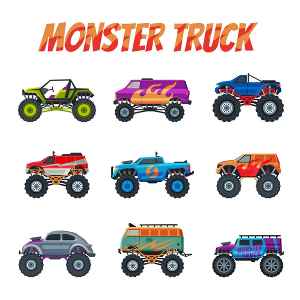 Monster Trucks συλλογή οχημάτων, βαριά αυτοκίνητα με μεγάλα ελαστικά Vector εικονογράφηση — Διανυσματικό Αρχείο