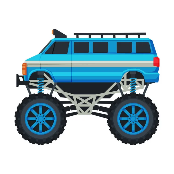 Monster Truck Vehicle, Heavy Blue Van Car com pneus grandes Vector Ilustração — Vetor de Stock