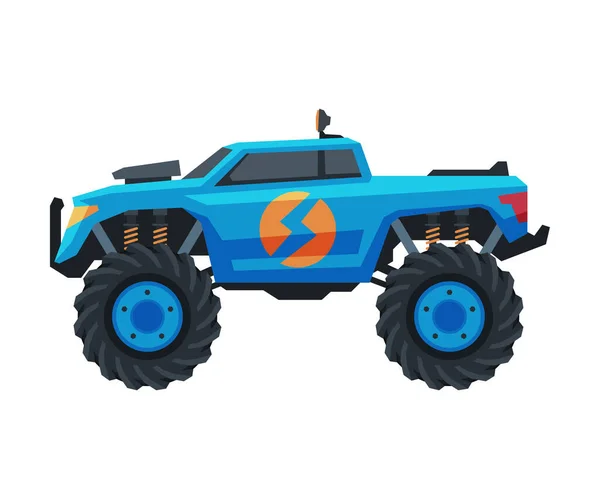 Monster Truck Vehicle, Blauwe pick-up met grote banden, Zware Professional Transport Vector Illustratie — Stockvector