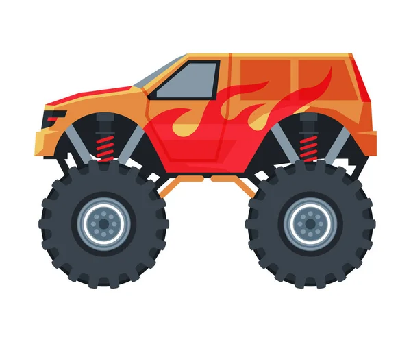 Monster Truck Vehicle, Red Jeep Car with Big Wheels, Heavy Professional Transport Vector Illustration — Stock Vector