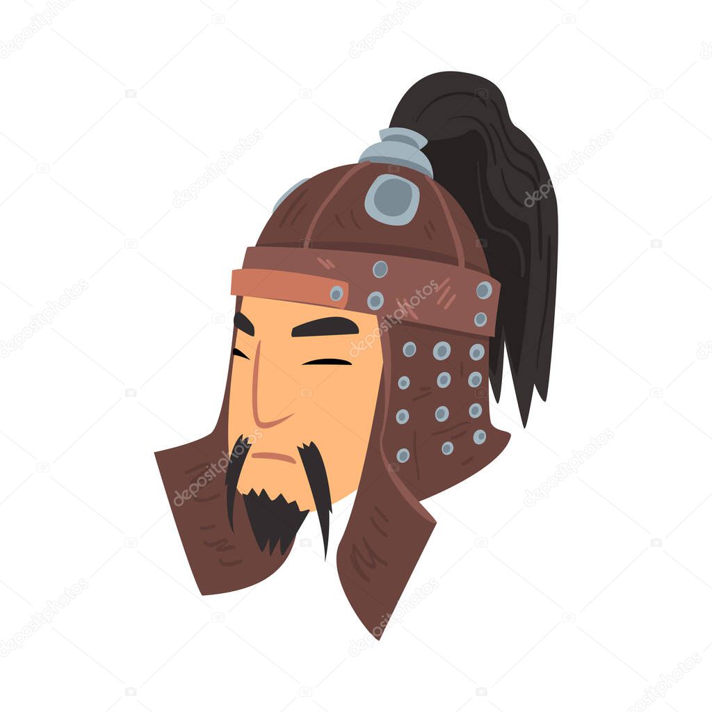 Face of Mongol Warrior, Central Asian Character in Helmet Vector Illustration
