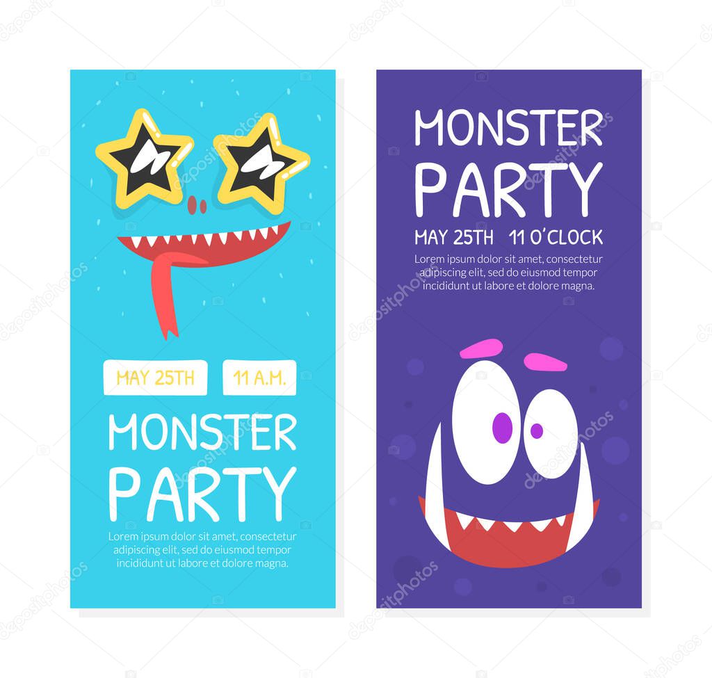Monster Party Invitation Cards Templates Set, Halloween Celebration Banner, Poster with Cute Funny Monsters Vector Illustration