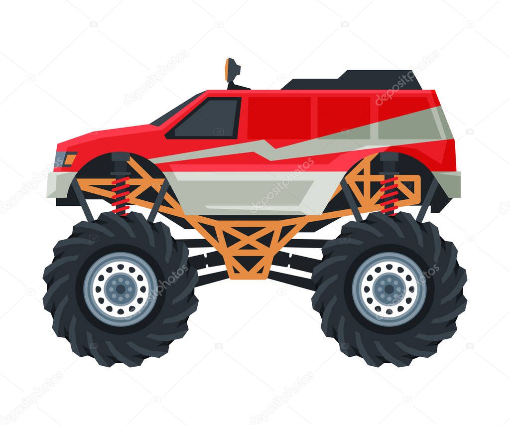 Monster Truck Vehicle, Colorful Car with Big Wheels, Heavy Professional Transport Vector Illustration