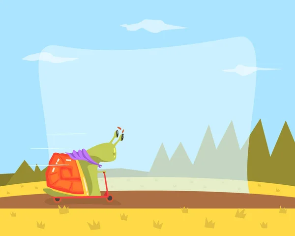 Cute Snail Riding Kick Scooter, Funny Creature Viajar en vacaciones de verano Vector Ilustración — Vector de stock