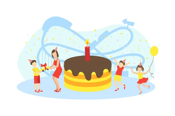 Festa di compleanno, piccola madre e bambini felici con enorme festiva torta vettoriale illustrazione — Vettoriale Stock