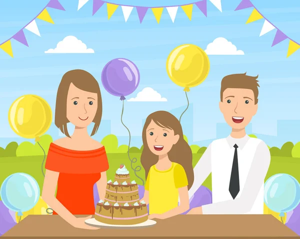 Madre, Padre e la loro figlia con torta festiva, Felice famiglia che celebra compleanno vettoriale illustrazione — Vettoriale Stock