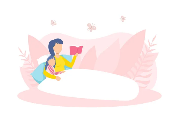 Madre leyendo libro a su hija en la cama, amando a mamá y a su hijo en la vida cotidiana en casa Vector Ilustración — Vector de stock