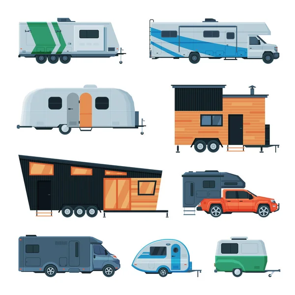 Travel Trailers Collection, Modern Mobile Homes for Summer Trip, Family Tourism and Vacation Flat Vector Illustration — Stock Vector