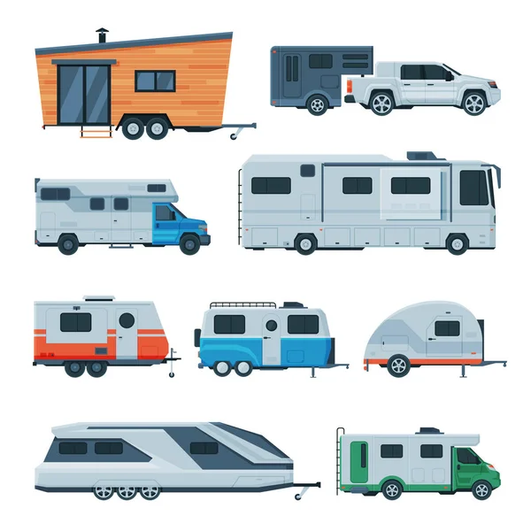 Travel Trailers Collection, Modern Mobile Homes for Summer Adventures, Family Tourism and Vacation Flat Vector Illustration — Stock Vector
