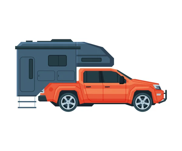 Travel Trailer and Car, Mobile Home for Summer Trip, Tourism and Vacation Flat Vector Illustration — Stock Vector