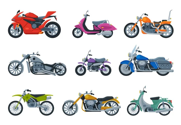 Современная и ретро коллекция мотоциклов, транспорт автотранспортных средств, векторная иллюстрация с боковым видом — стоковый вектор