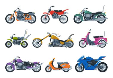 Modern ve Retro Motorsikletler ve Scooter Koleksiyonu, Motor Motorlu Araçlar, Yan Görünüm Düz Vektör Resimleri