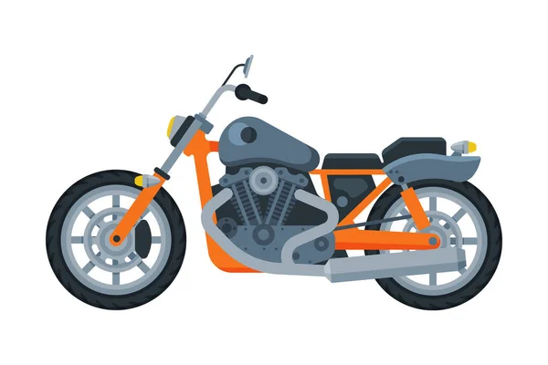 Pomarańczowy motocykl, Transport pojazdów silnikowych, Widok z boku płaski wektor ilustracji — Wektor stockowy