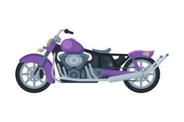 Motosiklet, Mor Renk Motorlu Araç Taşımacılığı, Yan Görünüm Düz Vektör İllüstrasyonu