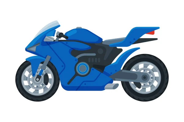 Moderne Blauwe Motorfiets, Motorvoertuig Transport, Side View Flat Vector Illustratie — Stockvector