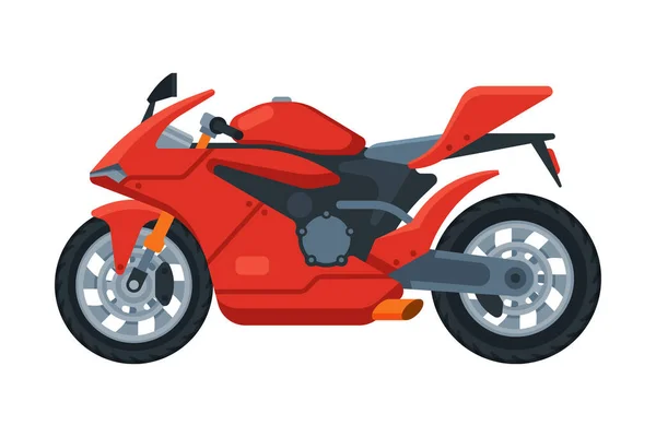 Modern Kırmızı Motosiklet, Motorlu Taşıtlar Taşımacılık, Yan Görünüm Düz Vektör İlülasyonu — Stok Vektör
