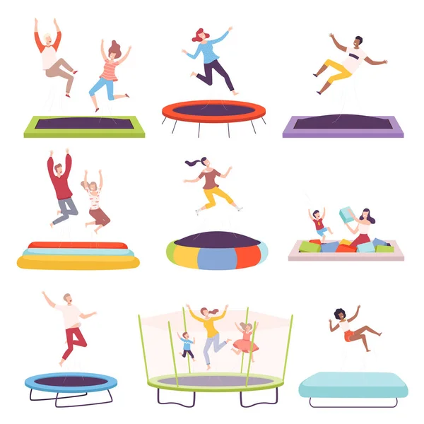 Glückliche Menschen, die auf dem Trampolin springen, Männer, Frauen und Kinder, die zusammen Spaß haben, aktiver gesunder Lebensstil, Sommerzeit Attraktion Flat Style Vector Illustration — Stockvektor