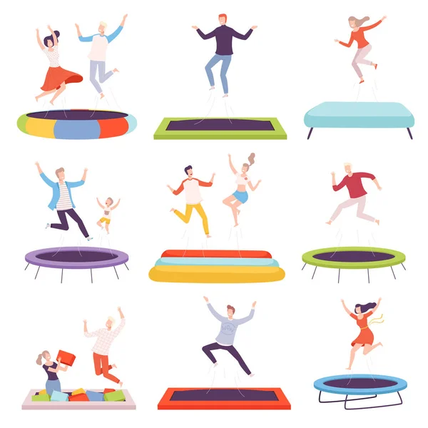 Gente rebotando en trampolín, hombres felices, mujeres y niños divirtiéndose juntos, estilo de vida saludable activo Estilo plano Vector Ilustración — Vector de stock