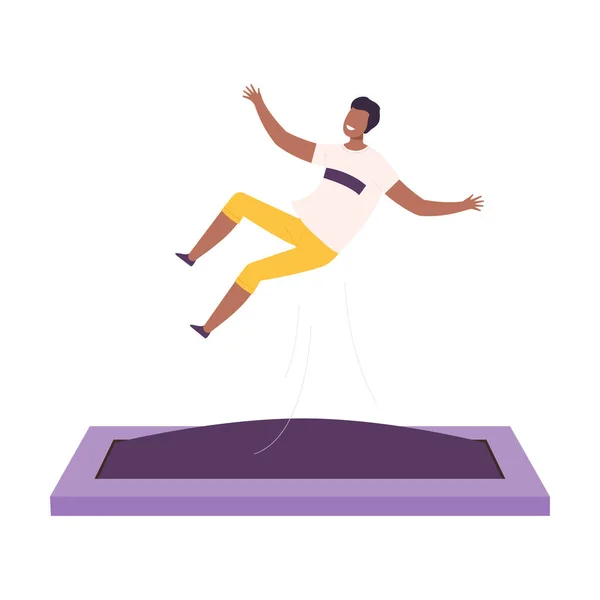 Happy Young African American Man Bouncing on Trampoline, Active Healthy Lifestyle ภาพเวกเตอร์สไตล์แบน — ภาพเวกเตอร์สต็อก