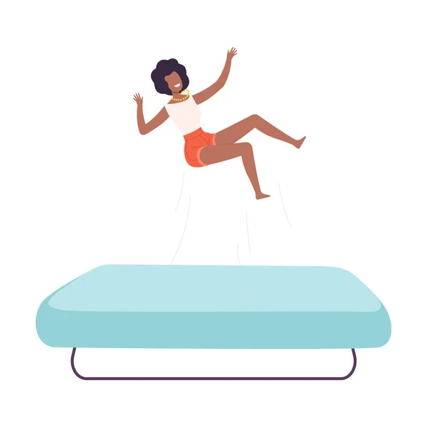 Feliz joven afroamericana mujer rebotando en trampolín, estilo de vida saludable activo estilo plano Vector ilustración — Vector de stock