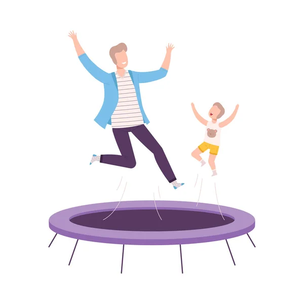 Padre y su hijo saltando sobre trampolín, padre e hijo divirtiéndose juntos, estilo de vida saludable activo Estilo plano Vector Ilustración — Vector de stock