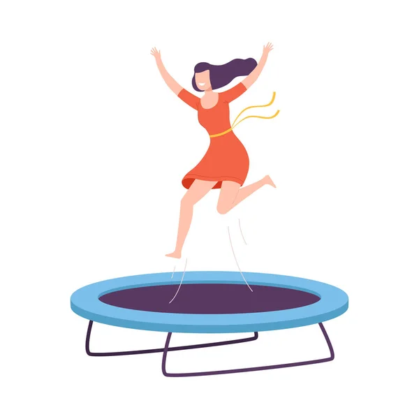 Jovem feliz saltando no trampolim do jardim, Estilo de vida saudável ativo, Ilustração do vetor do estilo liso da atração da hora de verão — Vetor de Stock