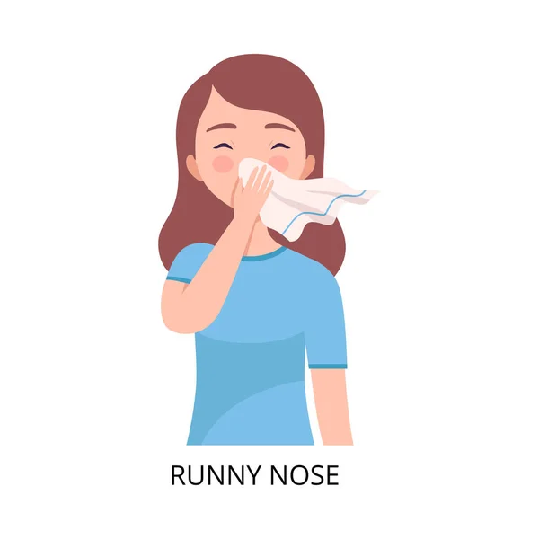 Runny Nose, meisje dat lijdt aan symptomen van virale infectie, influenza of respiratoire ziekte, gezondheidszorg en geneeskundige informatie over griep en viruspreventie vectorillustratie — Stockvector