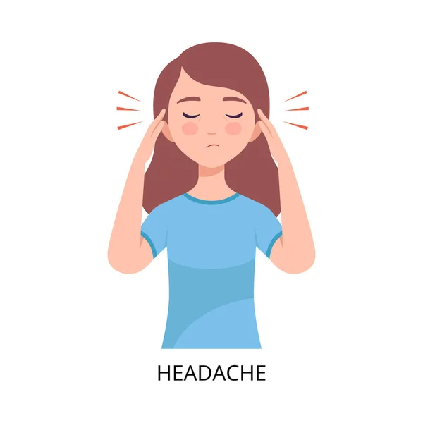 Headache, Girl Suffering from Symptom of Viral Infection, Influenza or Respiratory Illness, Healthcare and Medicine Information about Flu and Virus Prevention Vector Illustration — 스톡 벡터