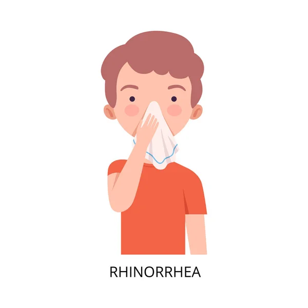 Boy Suffering from Rhinorrhea, Symptom of Viral Infection, Influenza or Respiratory Illness, Healthcare and Medicine Information about Flu and Virus Prevention Flat Vector Illustration — Stock Vector