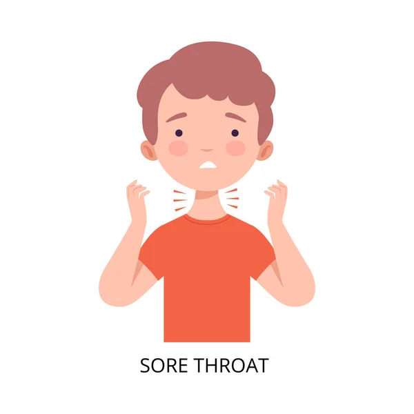 喉の痛みに苦しむ少年,ウイルス感染症の症状,インフルエンザや呼吸器疾患,健康と医学インフルエンザやウイルス予防フラットベクトルイラストについての情報 — ストックベクタ