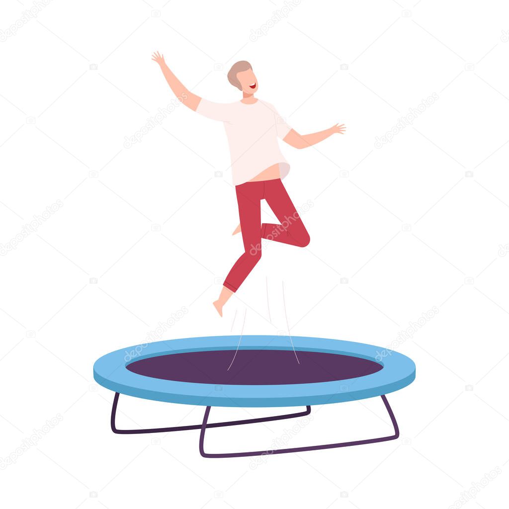 Happy Young Man Jumpig on Garden Trampoline, Fun and Leisure, Active Healthy Lifestyle Flat Style Vector Illustration