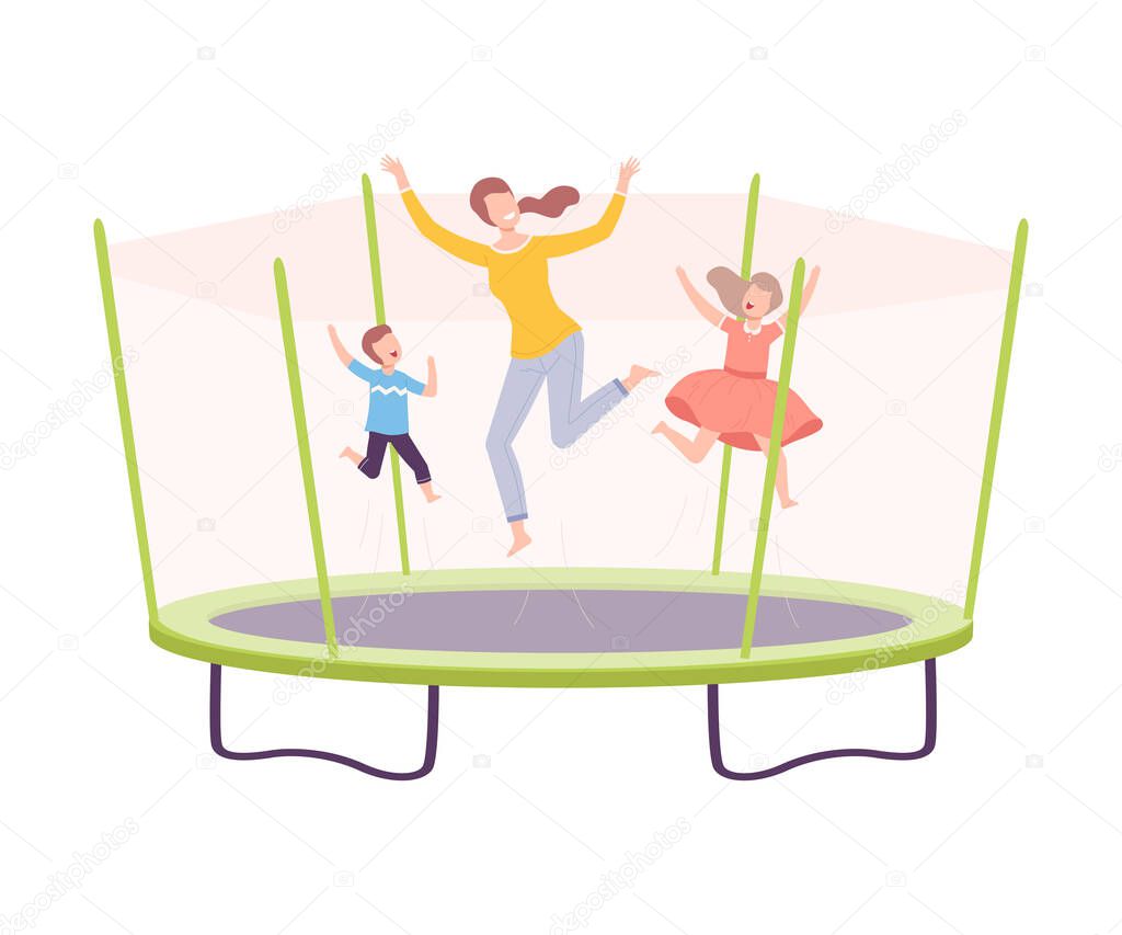 Mother with her Son and Daughter Jumping on Trampoline, Parent and Kids Having Fun Together, Active Healthy Lifestyle Flat Style Vector Illustration