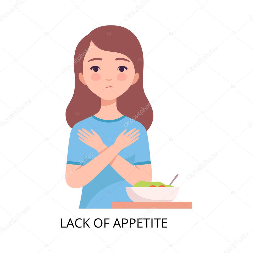 Lack of Appetite, Girl Suffering from Symptom of Viral Infection, Influenza or Respiratory Illness, Healthcare and Medicine Information about Flu and Virus Prevention Vector Illustration
