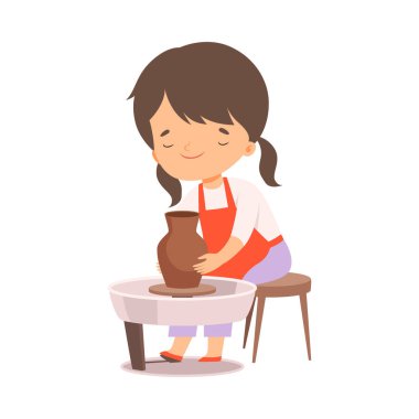 Clay Pot Yapan Şirin Kız, Çocuk Hobisi veya Yaratıcı Etkinlik Çizgi Filmi Vektör İllüzyonu
