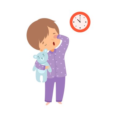 Tatlı Uykucu Çocuk pijama giyiyor. Oyuncak ayıyla ayakta duruyor. Okul öncesi çocuk günlük rutin çizgi roman temsilcisi illüstrasyonu.