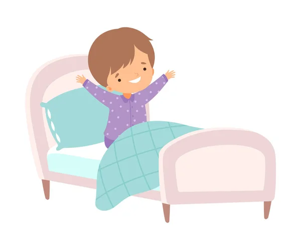 Cute Boy Waking Up and Yawning in the Bed, Preschool Kid Daily Routine Activity Cartoon Vector Illustration — Stock Vector