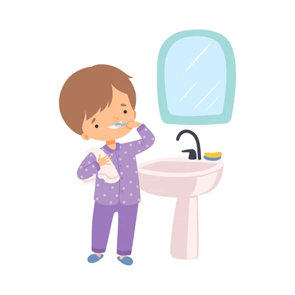 かわいい男の子が浴室で彼の歯を磨く、就学前の子供の毎日のルーチンの活動漫画ベクトルイラスト — ストックベクタ