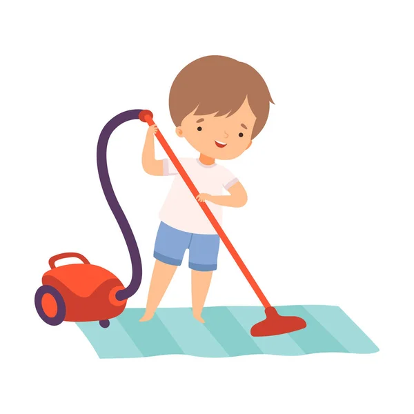 Cute Boy Cleaning the Floor with Vaccuum Cleaner, Preschool Kid Daily Routine Activity Cartoon Vector Illustration - Stok Vektor