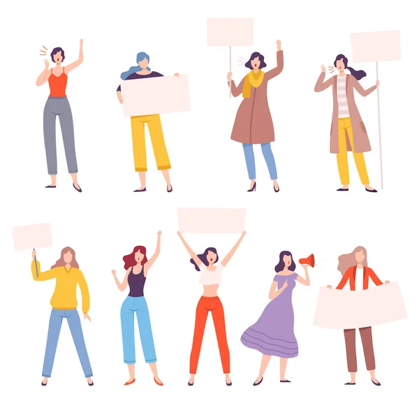 Strong Girls Set, Women Empowerment Movement, Struggle for Freedom, Independence, Equality, Female Power and Rights Concept Flat Style Vector Illustration - Stok Vektor
