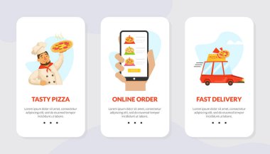 Tasty Pizza Çevrimiçi Sipariş Sayfa Şablonu, Geleneksel İtalyan Yemek Ekspresi Teslimatı, Çevrimiçi Sipariş ve Yemek Servisi, Mobil Uygulama, Ana Sayfa Vektör Resimleri