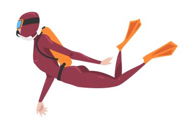 Dalgıç kıyafetli, maskeli ve yüzgeçli dalgıç Denizde Dalıyor, Yaz Suyu Sporu, Ekstrem Hobi Çizgi Film Stili Vektör İlülasyonu